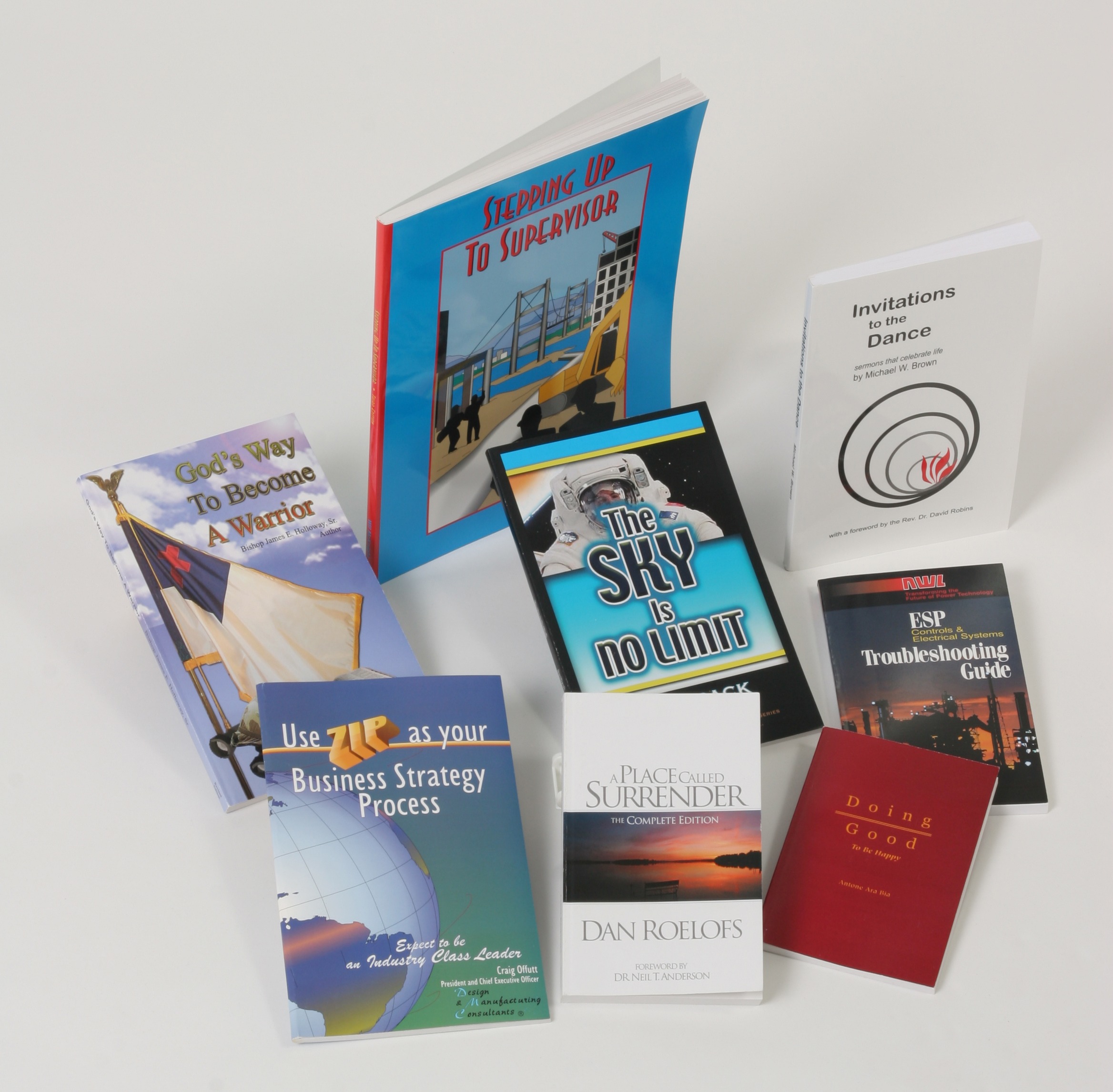 A collection of diverse books, including titles on personal development, business strategy, and self-improvement, displayed on a white surface.