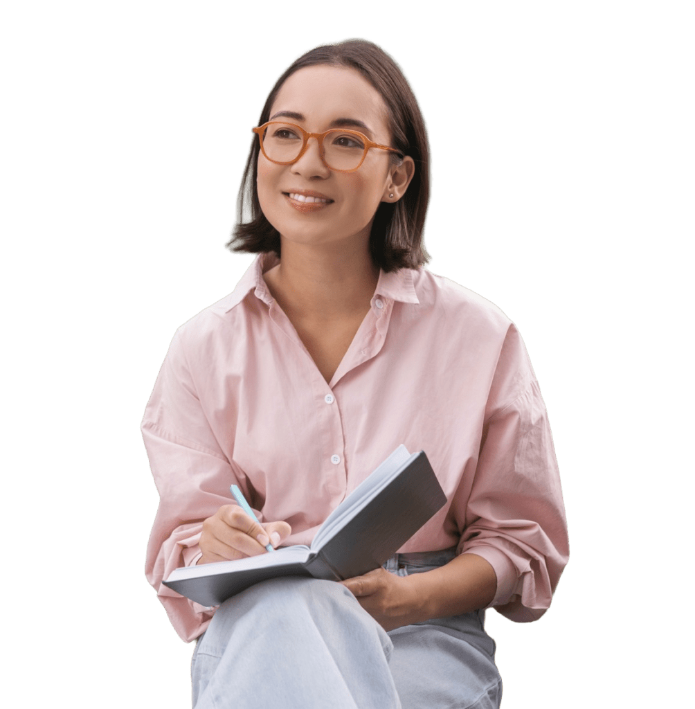 Portrait of confident smiling asian writer taking notes